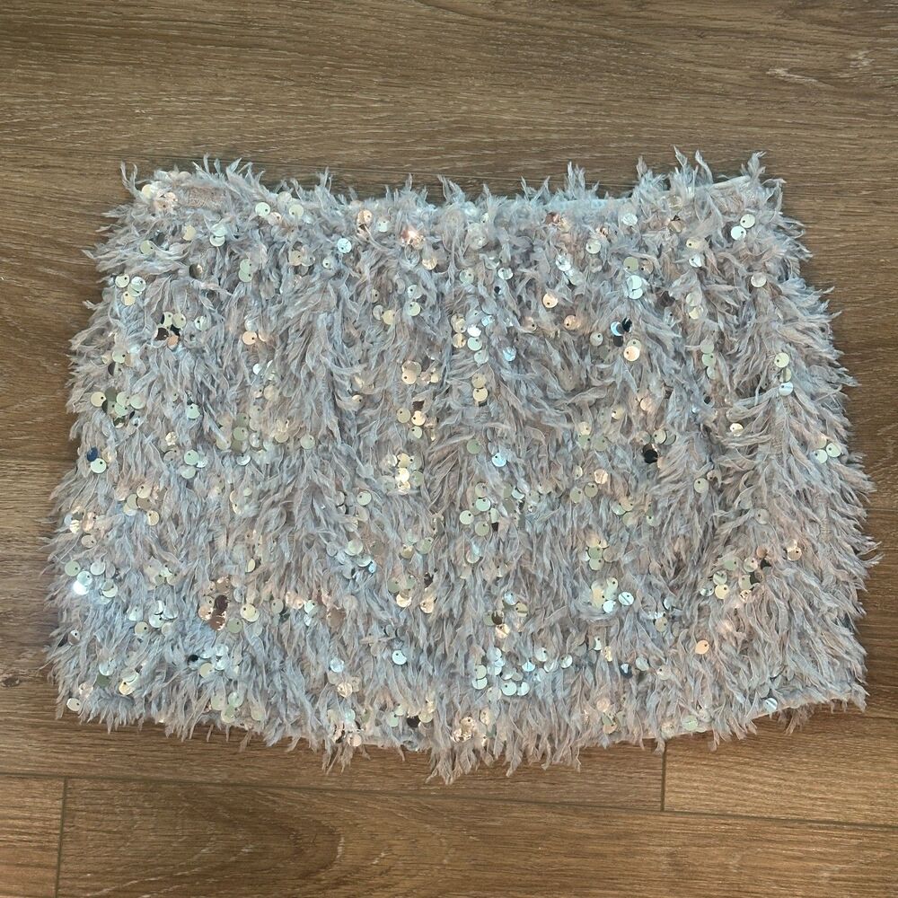 Silver Gray Fuzzy Sequin Fray Bodycon Mini Skirt Party Night Out Size Medium